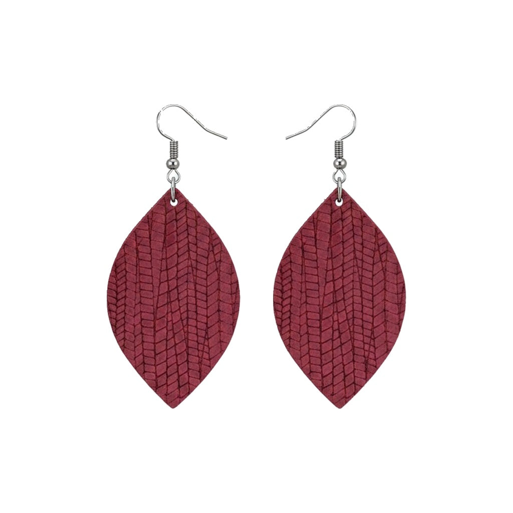 Raspberry Palm Leaf Pointed Leather Earrings