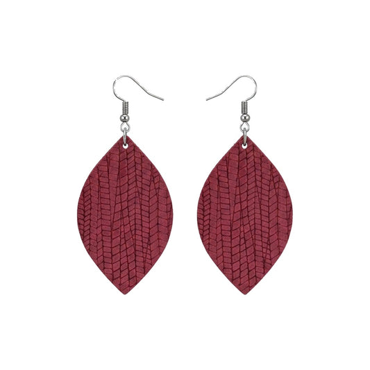 Raspberry Palm Leaf Pointed Leather Earrings