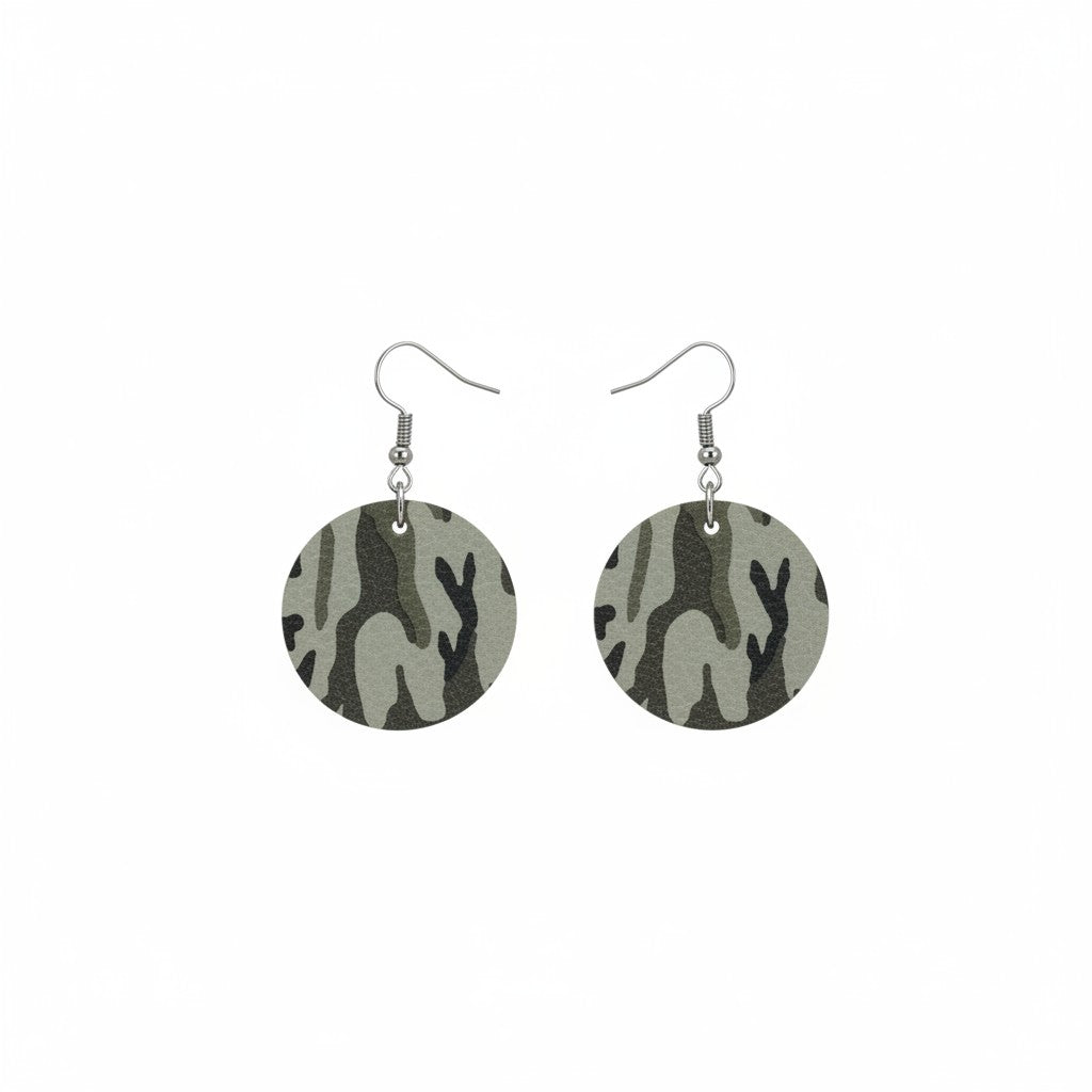 Jungle Gray Camo Round Leather Earrings