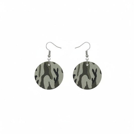 Jungle Gray Camo Round Leather Earrings