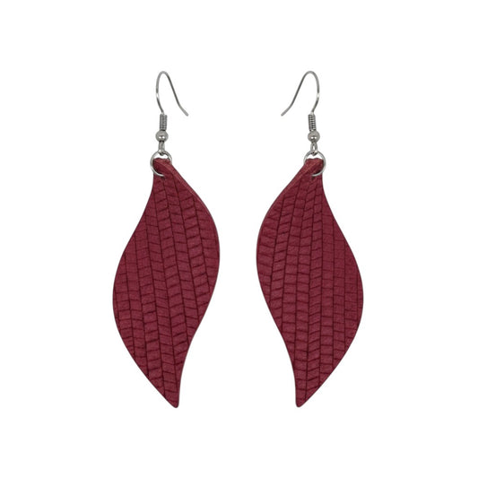 Raspberry Palm Leaf Curved Leather Earrings
