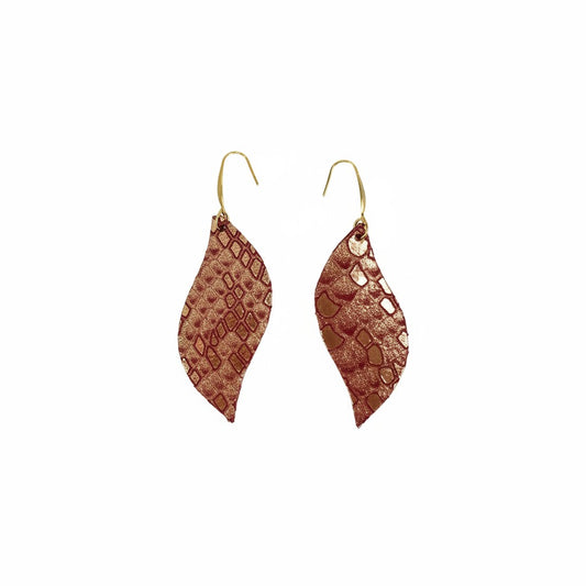Rose Gold Copper Snake Leaf Leather Earrings