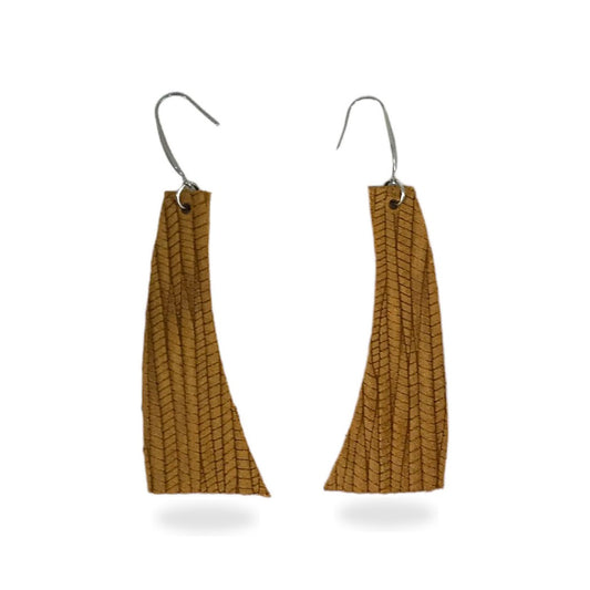 Dijon Mustard Palm Leaf Curved Bar Leather Earrings