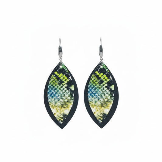Black Blue and Green Layered Leather Earrings