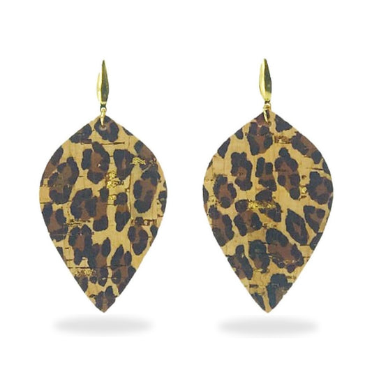 Golden Cheetah Cork Leaf Earrings