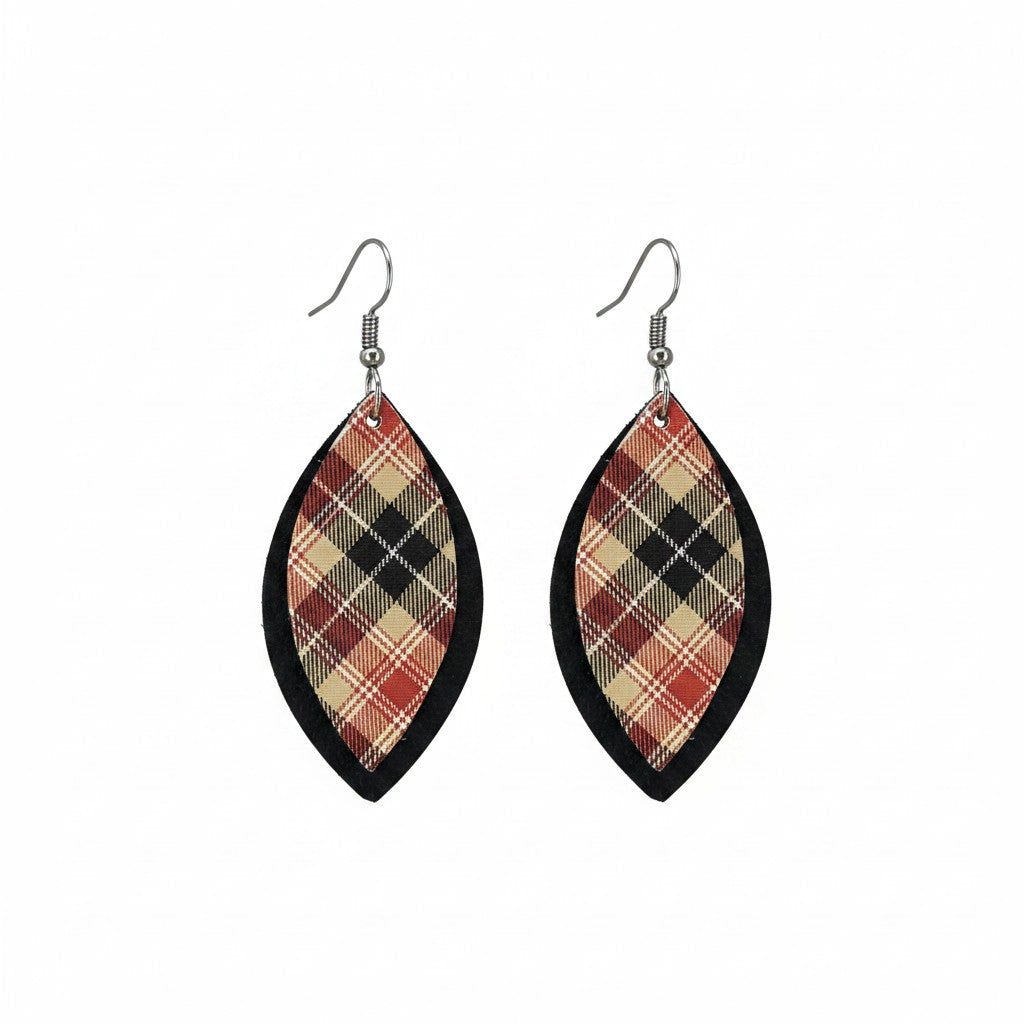 Black Tartan Plaid Layered Leaf Leather Earrings