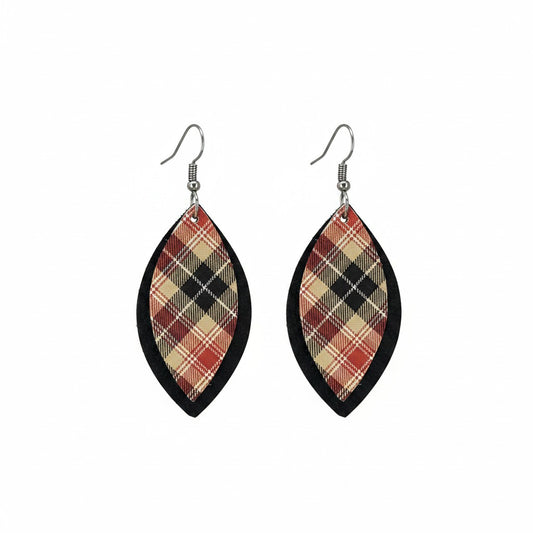 Black Tartan Plaid Layered Leaf Leather Earrings