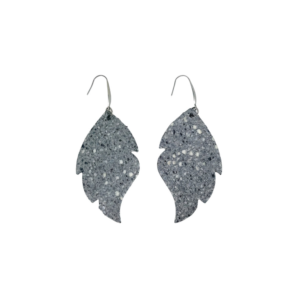 Silver Gray Stingray Curved Leaf Leather Earrings