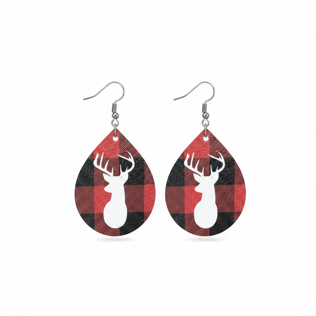 Buffalo Plaid Deer Silhouette Leather Earrings