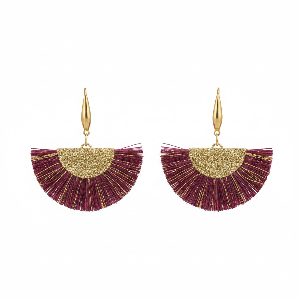 Maroon & Gold Fan Tassel Earrings