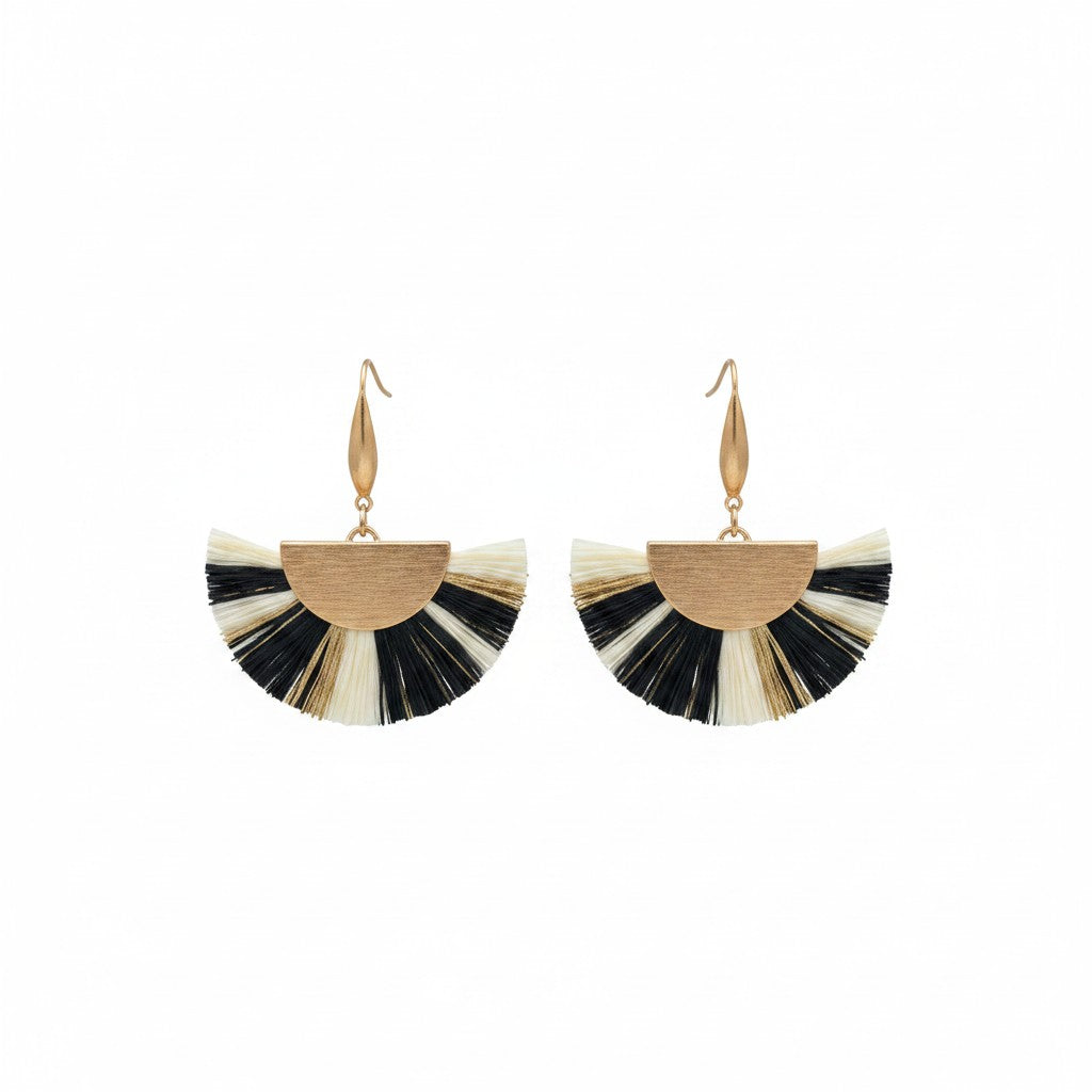 Black, Ivory & Gold Fan Tassel Earrings