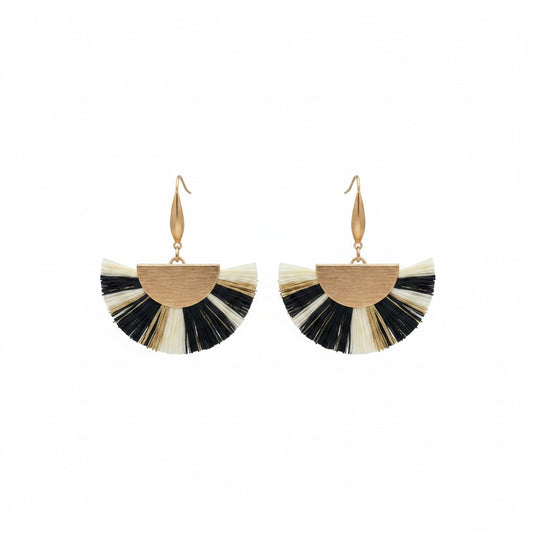 Black, Ivory & Gold Fan Tassel Earrings