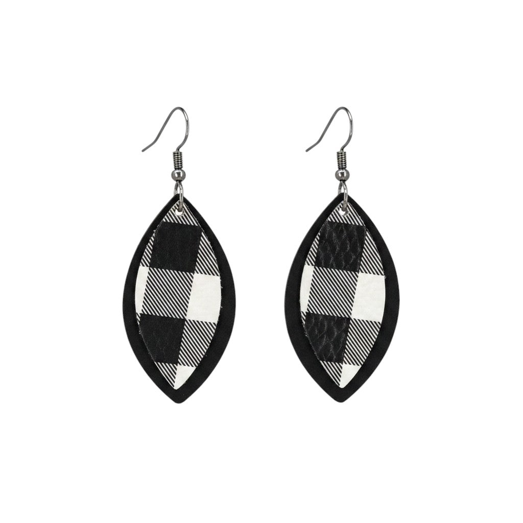 Black Buffalo Plaid Layered Leaf Leather Earrings