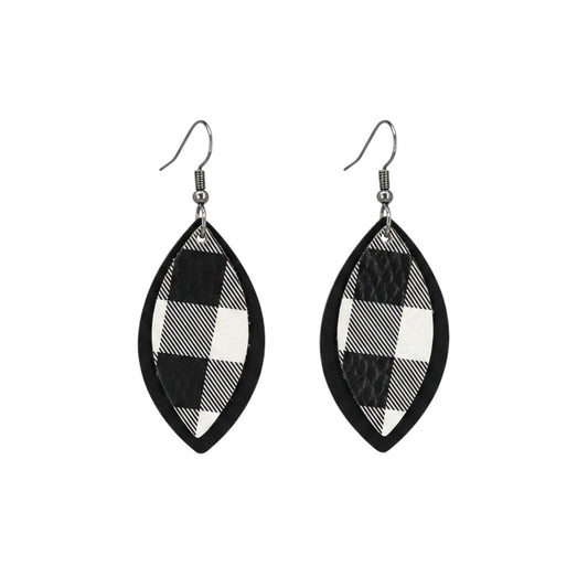 Black Buffalo Plaid Layered Leaf Leather Earrings