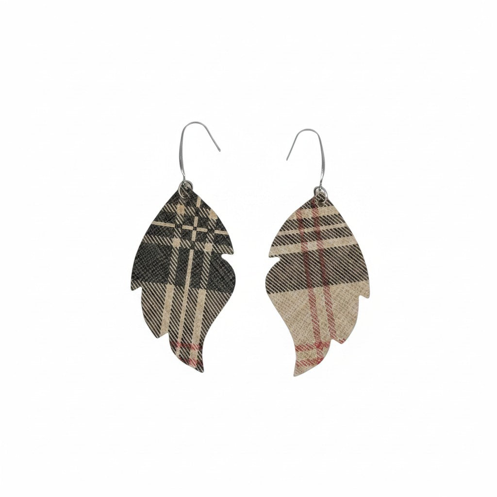 Kool Khaki Plaid Curved Leaf Leather Earrings