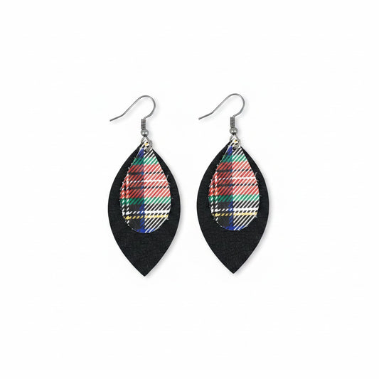 Black & Tartan Plaid Layered Teardrop Leather Earrings