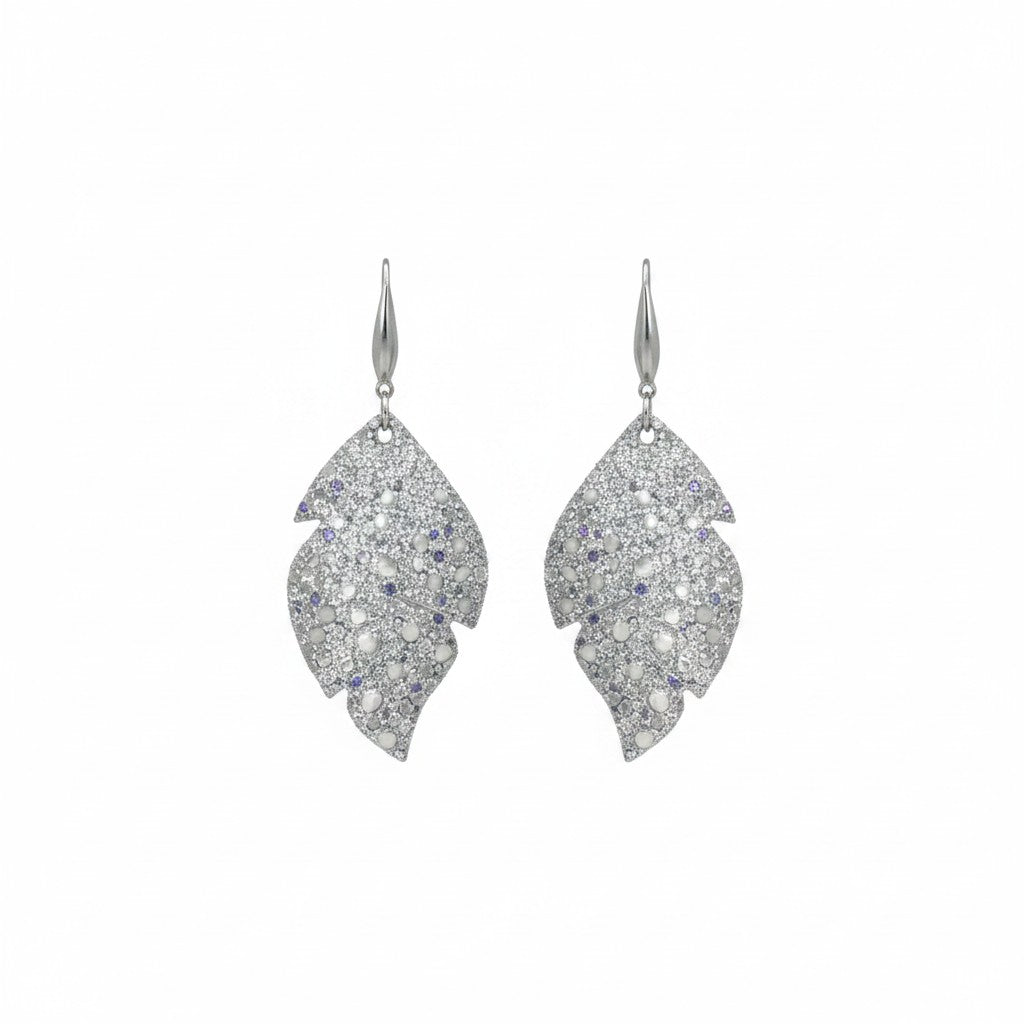 Silver Gray Stingray Curved Leaf Leather Earrings