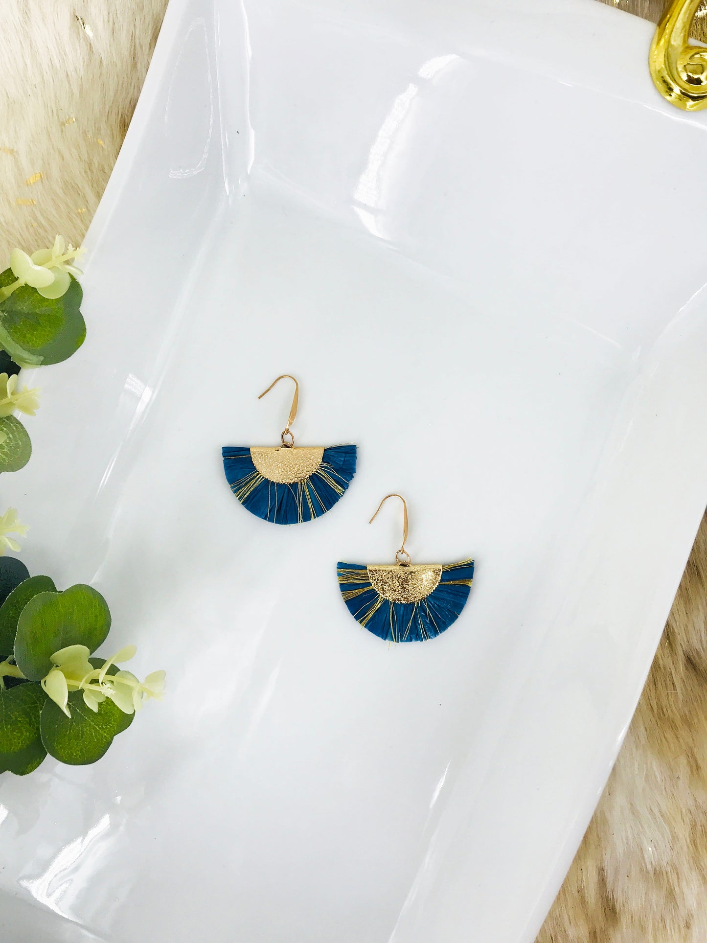 Blue and Gold Fan Shaped Tassel Earrings - E19-1090