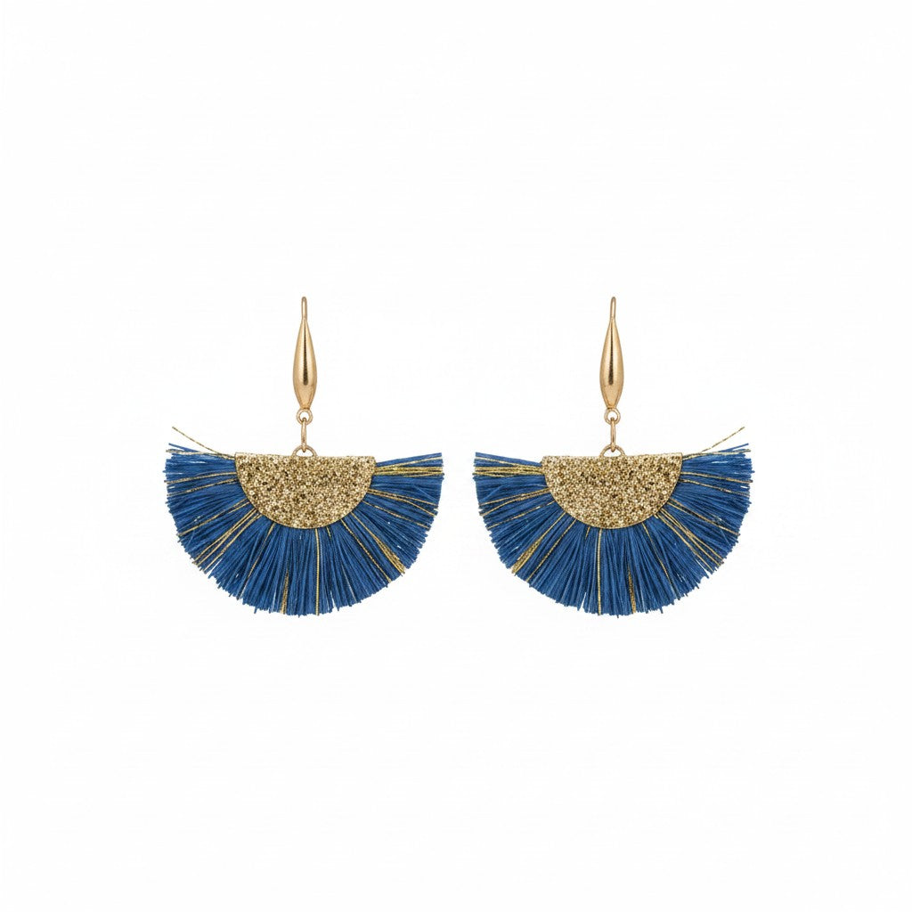 Blue and Gold Fan Shaped Tassel Earrings