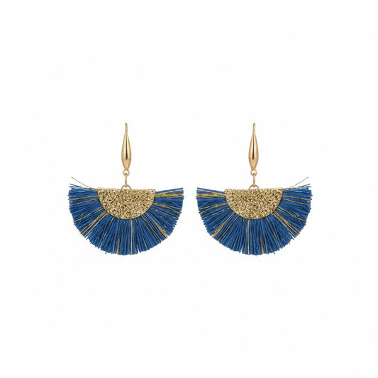 Blue and Gold Fan Shaped Tassel Earrings