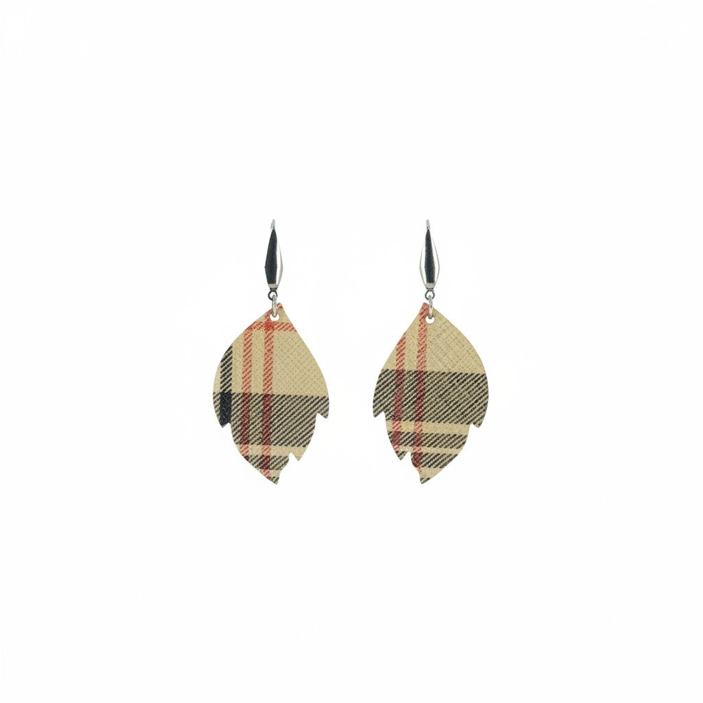 Kool Khaki Plaid Scalloped Leaf Leather Earrings