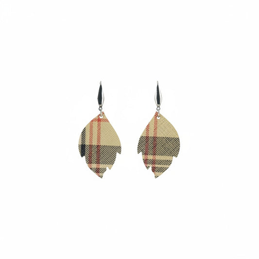 Kool Khaki Plaid Scalloped Leaf Leather Earrings