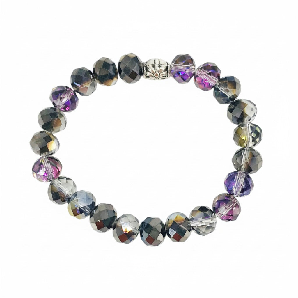 Metallic Gray & Purple Glass Bead Stretch Bracelet
