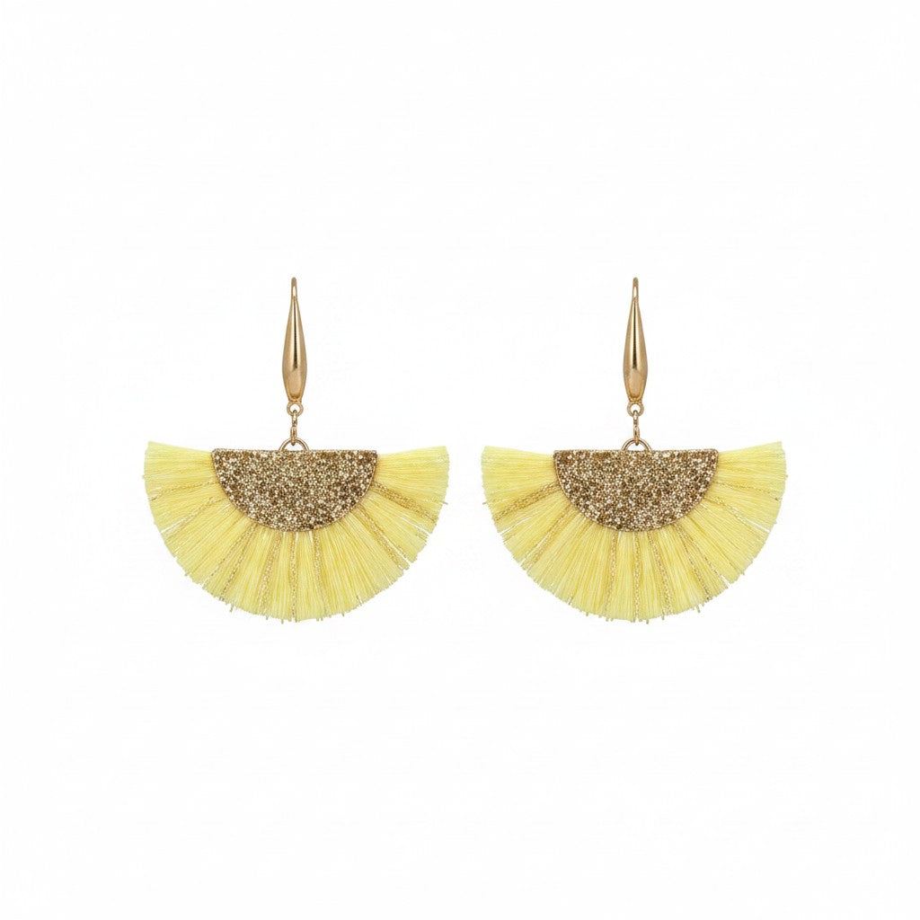 Yellow and Gold Fan Shaped Tassel Earrings