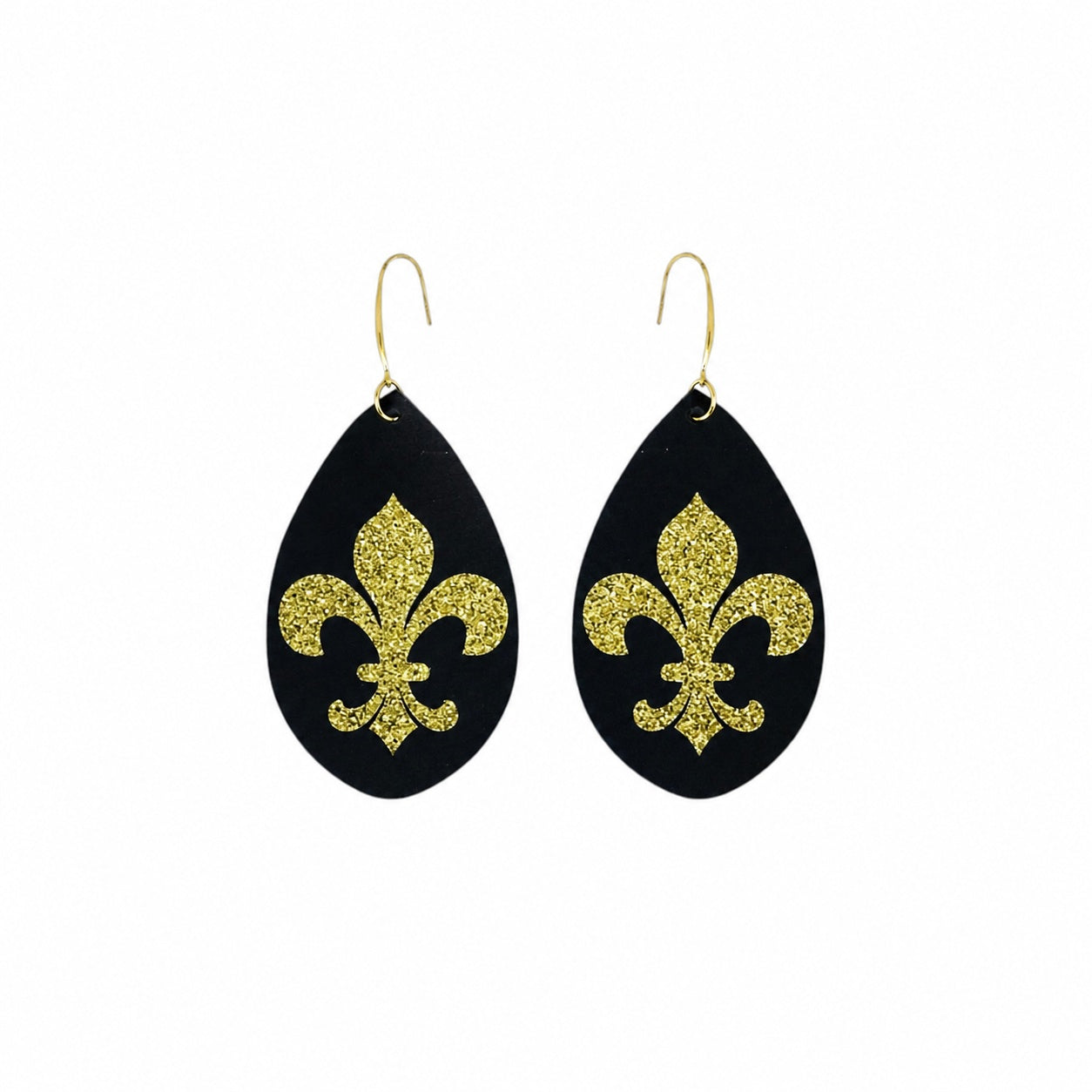 Saints Black Gold Fleur De Lis Teardrop Earrings