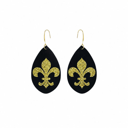 Saints Black Gold Fleur De Lis Teardrop Earrings