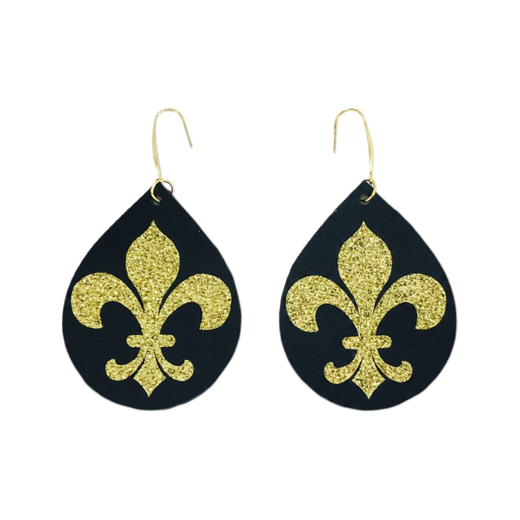 Saints Black Gold Fleur De Lis Leather Earrings