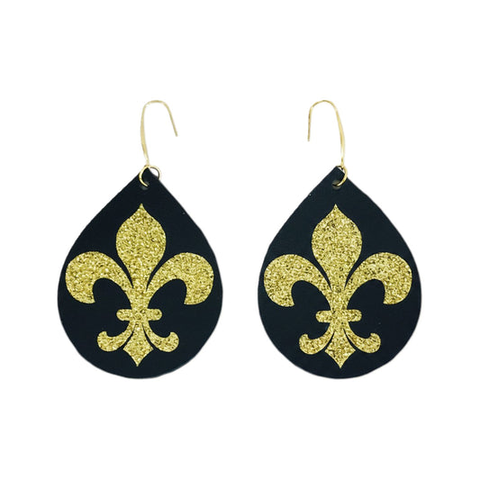 Saints Black Gold Fleur De Lis Leather Earrings