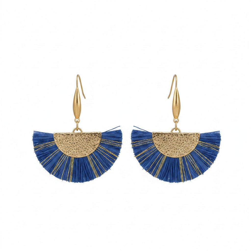 Navy and Gold Fan Shaped Tassel Earrings