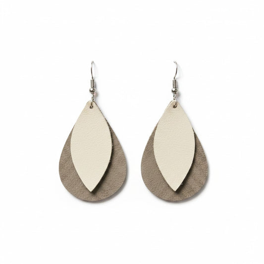 Champagne Gray Layered Leaf Leather Earrings