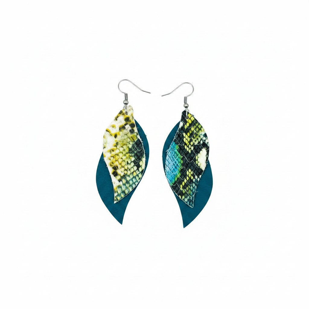 Dark Turquoise Blue Green Snake Layered Leather Earrings