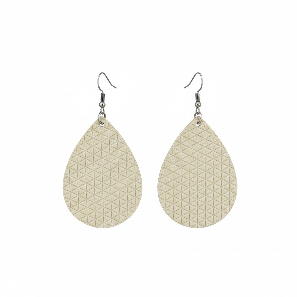 Cream Triangle Embossed Teardrop Leather Earrings
