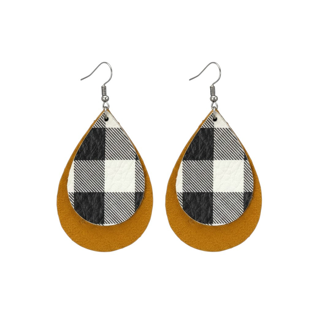 Mustard Buffalo Plaid Teardrop Leather Earrings