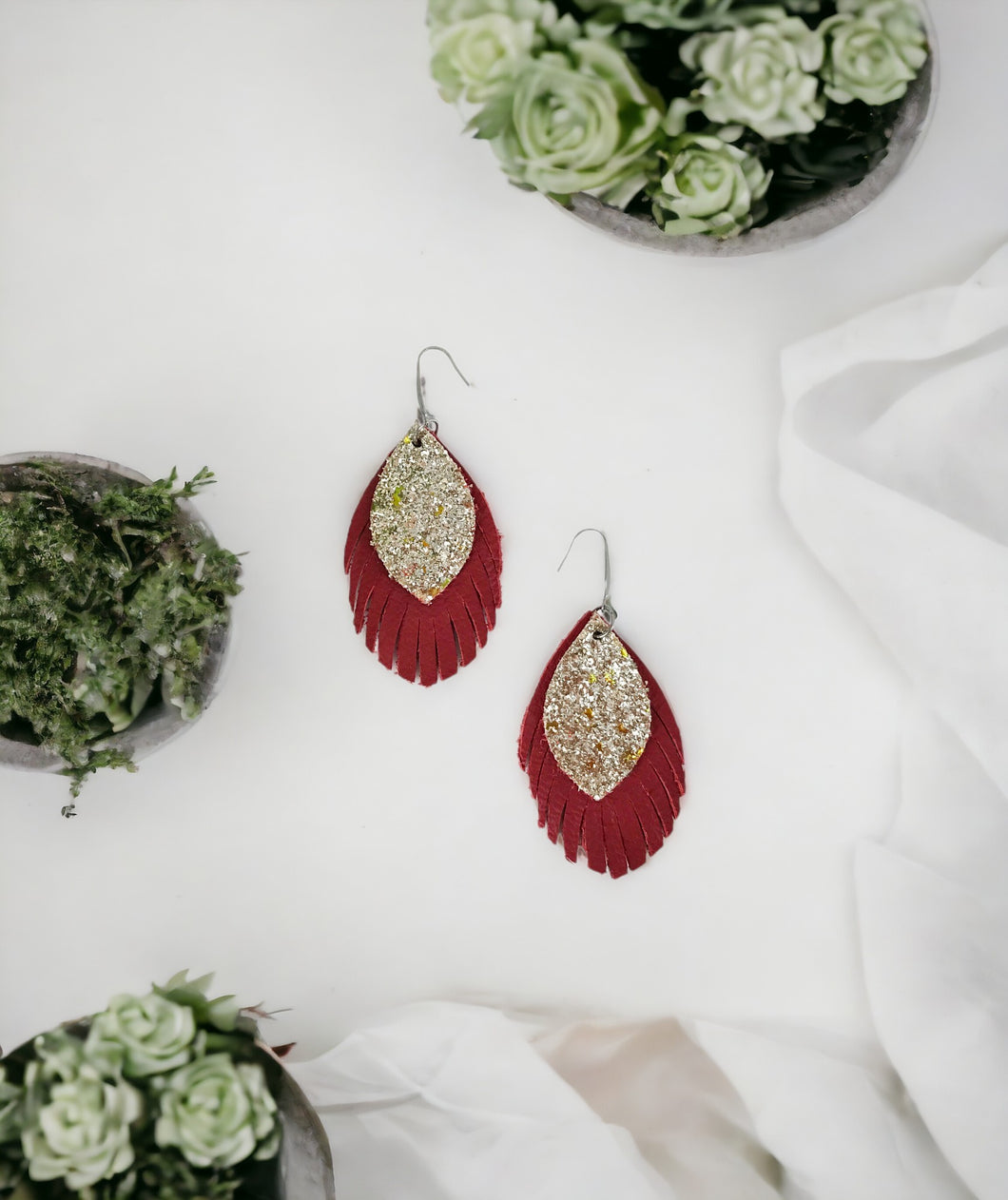 Red and Gold Glitter Genuine Leather Earrings - E19-1149
