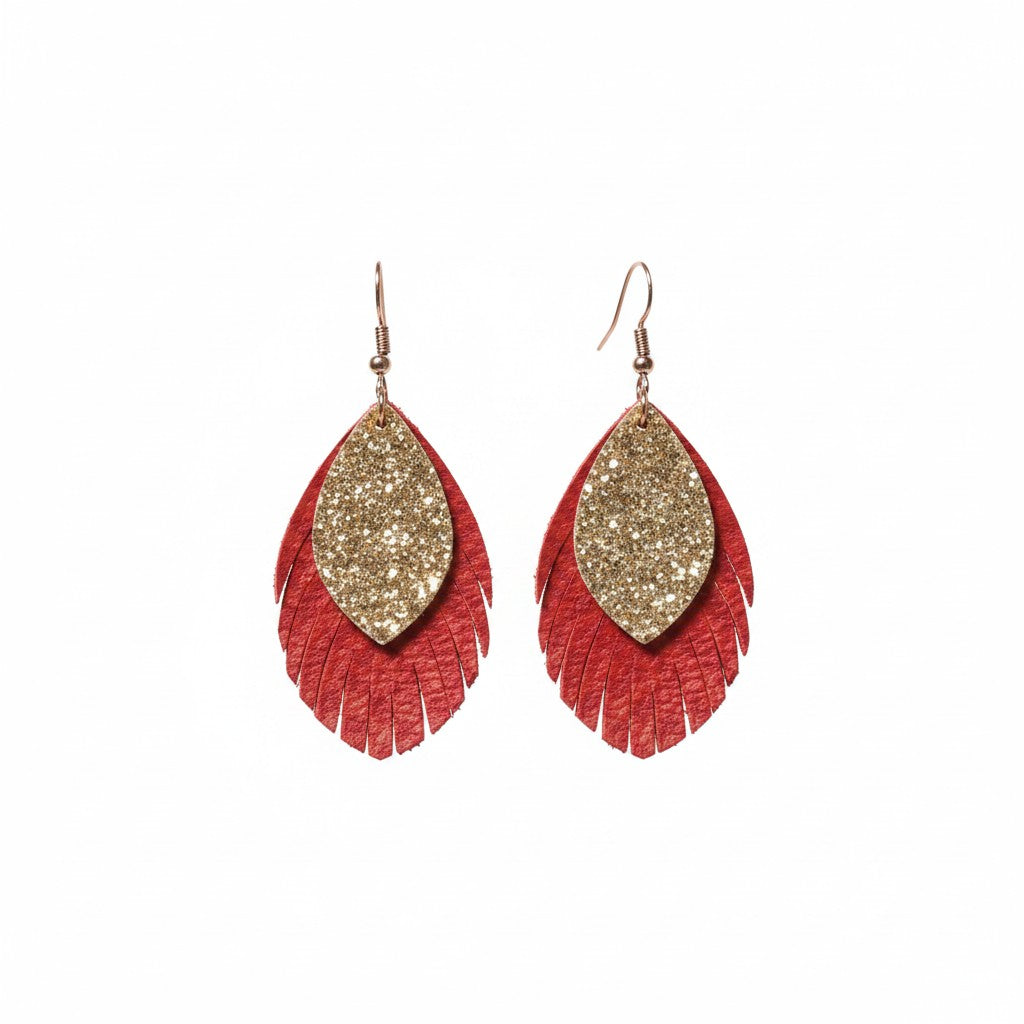 Bright Red Golden Spark Fringe Earrings