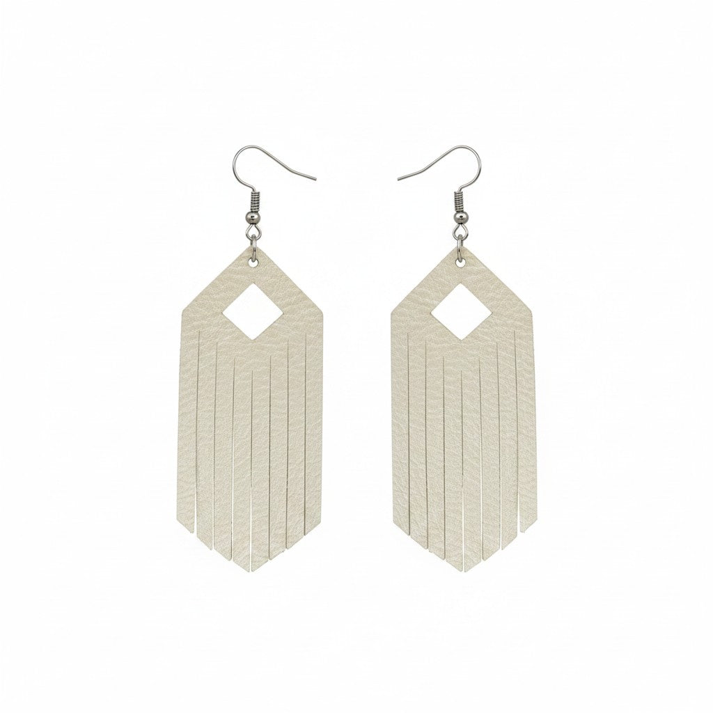 Champagne Pearlized Diamond Fringe Leather Earrings