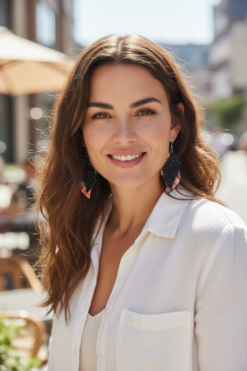 Tartan Plaid Leather and Chunky Glitter Earrings - E19-1153