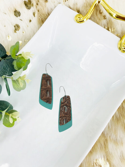 Aqua Leather and Turquoise Crocodile Leather Earrings - E19-1154