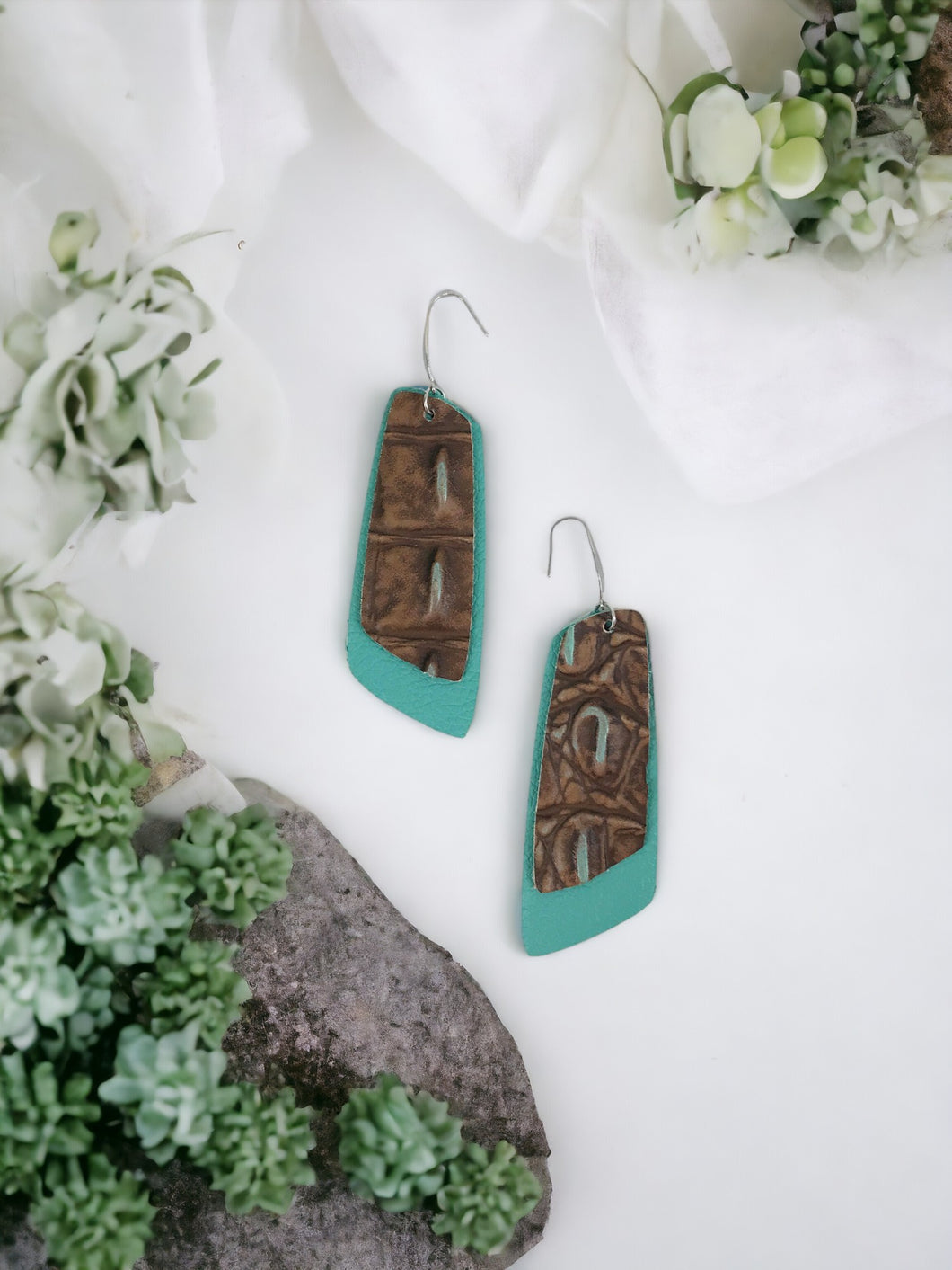 Aqua Leather and Turquoise Crocodile Leather Earrings - E19-1154