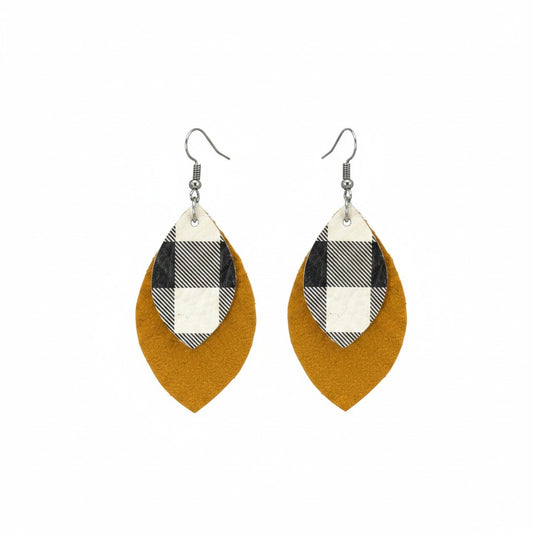 Mustard Buffalo Plaid Layered Leaf Leather Earrings