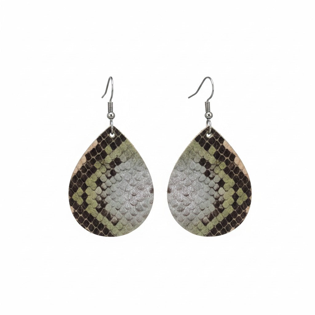 Silver and Brown Snake Leather Earrings