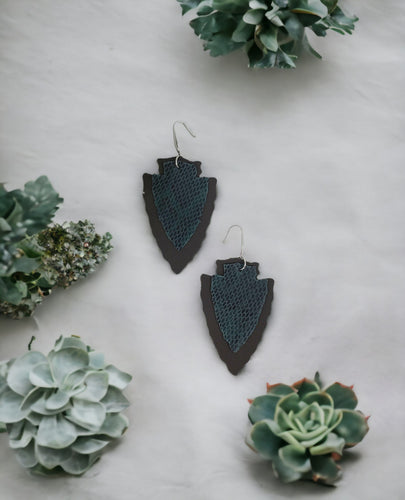Genuine Brown Leather and Teal Snake Leather Earrings - E19-1160