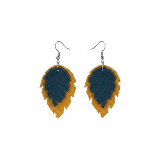 Mustard and Teal Layered Leaf Leather Earrings