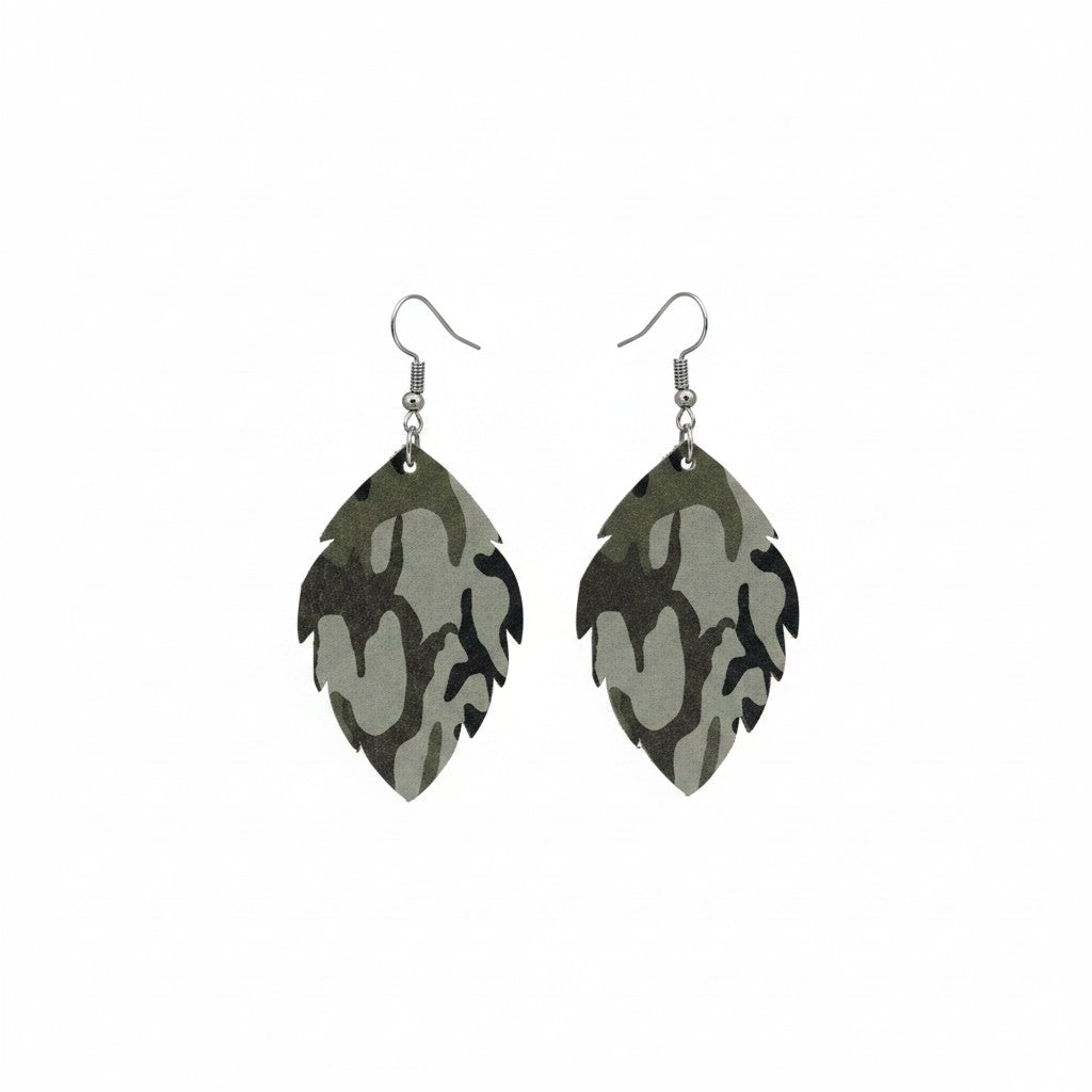 Jungle Gray Camo Scalloped Leaf Leather Earrings