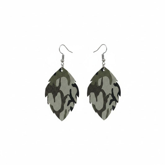 Jungle Gray Camo Scalloped Leaf Leather Earrings