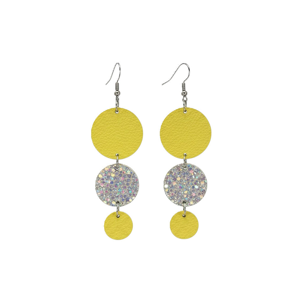 Canary Yellow Iridescent Triple Circle Leather Earrings